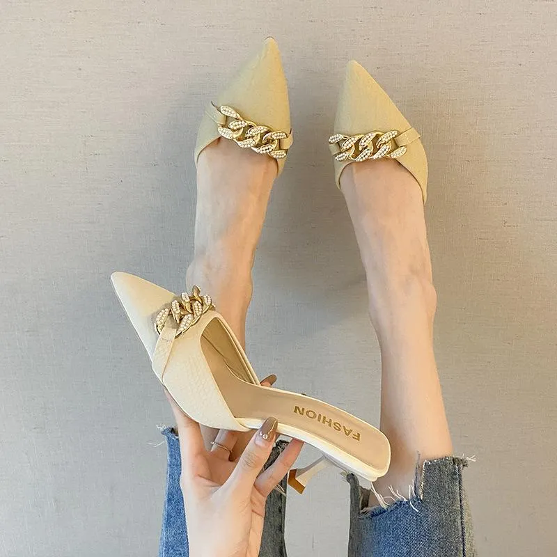 Finn Chain Pointed Toe Mule Closed Toe Sandals Women's Summer Pointed Stiletto Heel High Heels Mules Slippers