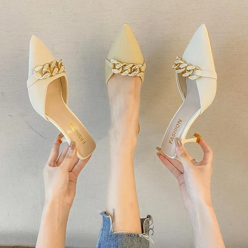Finn Chain Pointed Toe Mule Closed Toe Sandals Women's Summer Pointed Stiletto Heel High Heels Mules Slippers