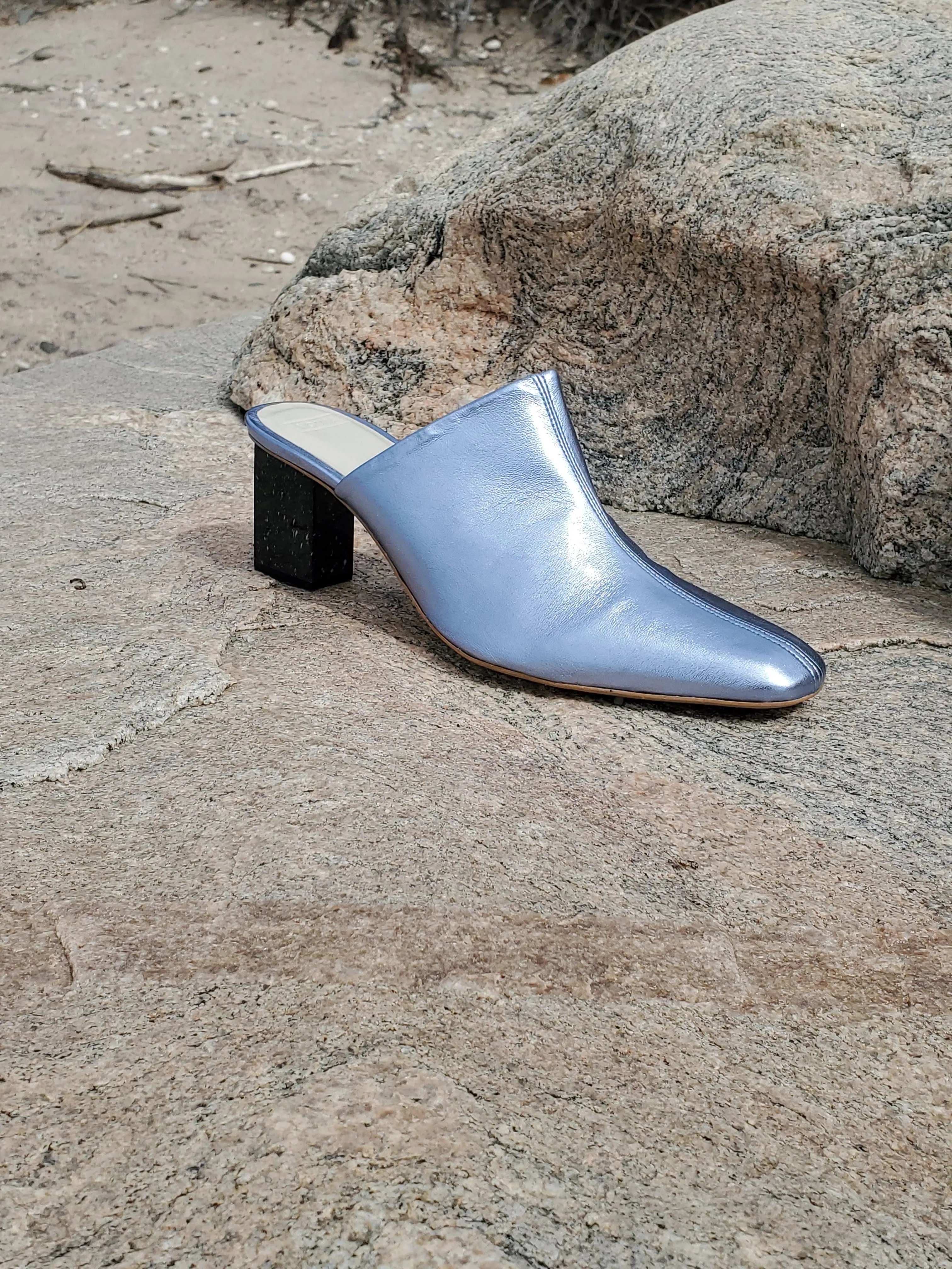 Flavia Mule - Metallic Blue with Granite Heel