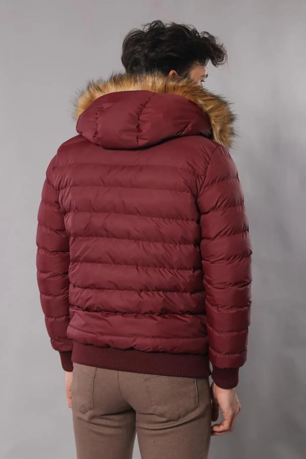 Fur Hooded Burgundy Men Down Coat - Wessi