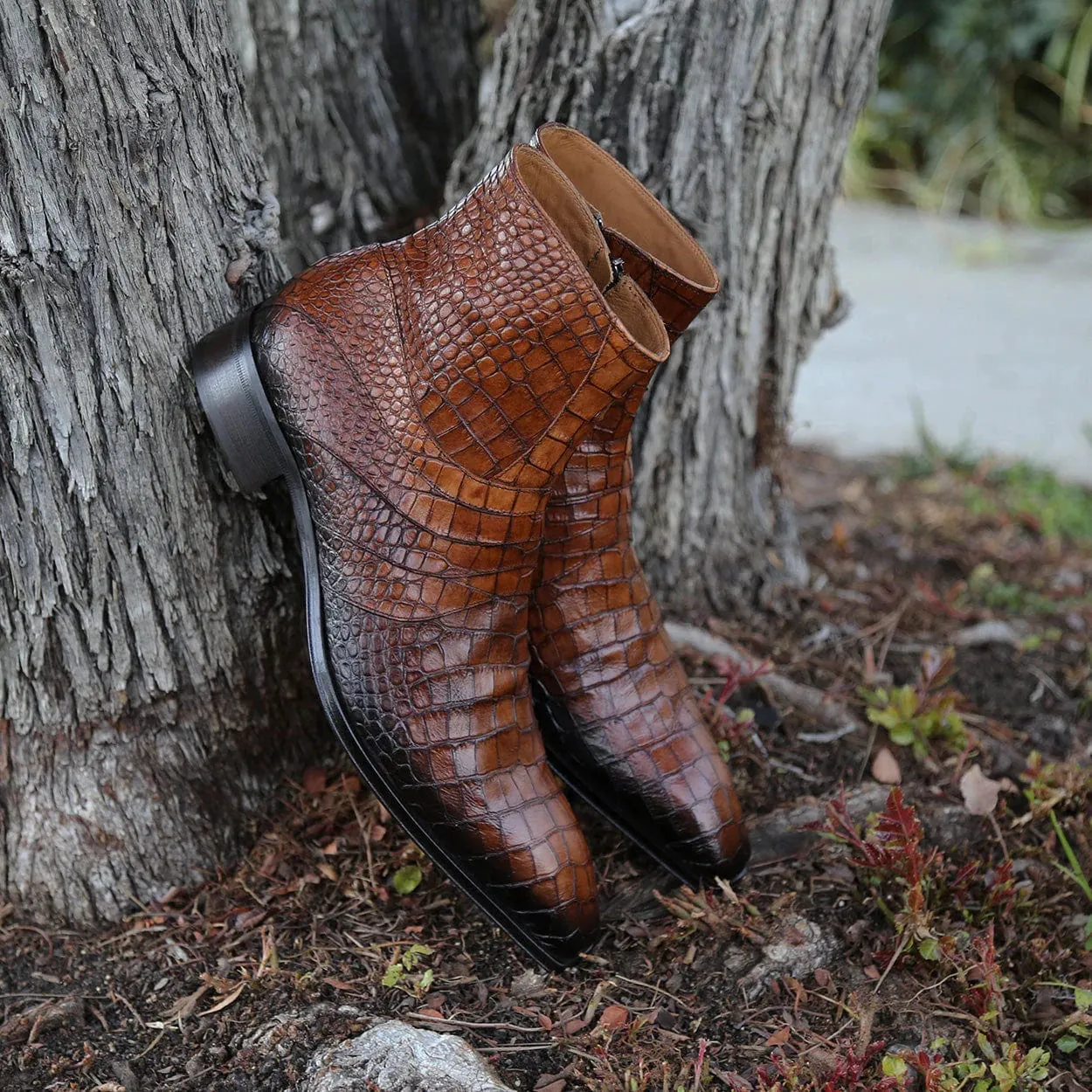 Handmade Custom Crocodile Print Leather Ankle Boots For Men