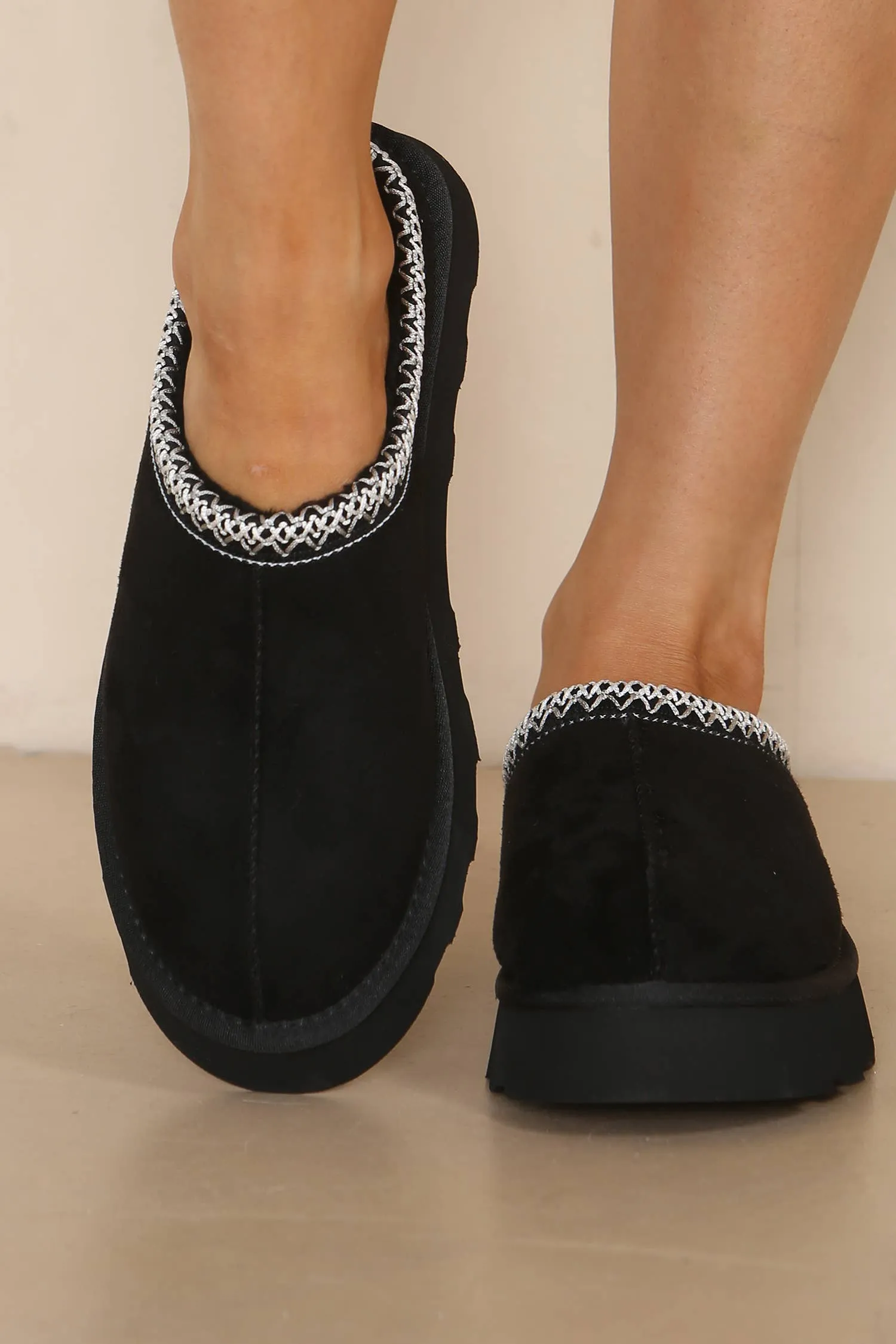 Ladies Mule Slippers - Fluffy Embroidered Slippers