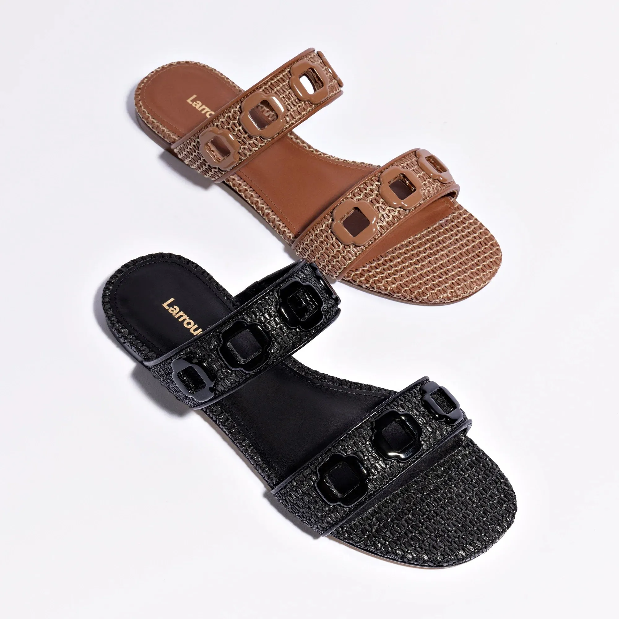 Larroude Milan Flat Mule In Black Wave Raffia