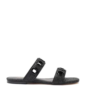 Larroude Milan Flat Mule In Black Wave Raffia