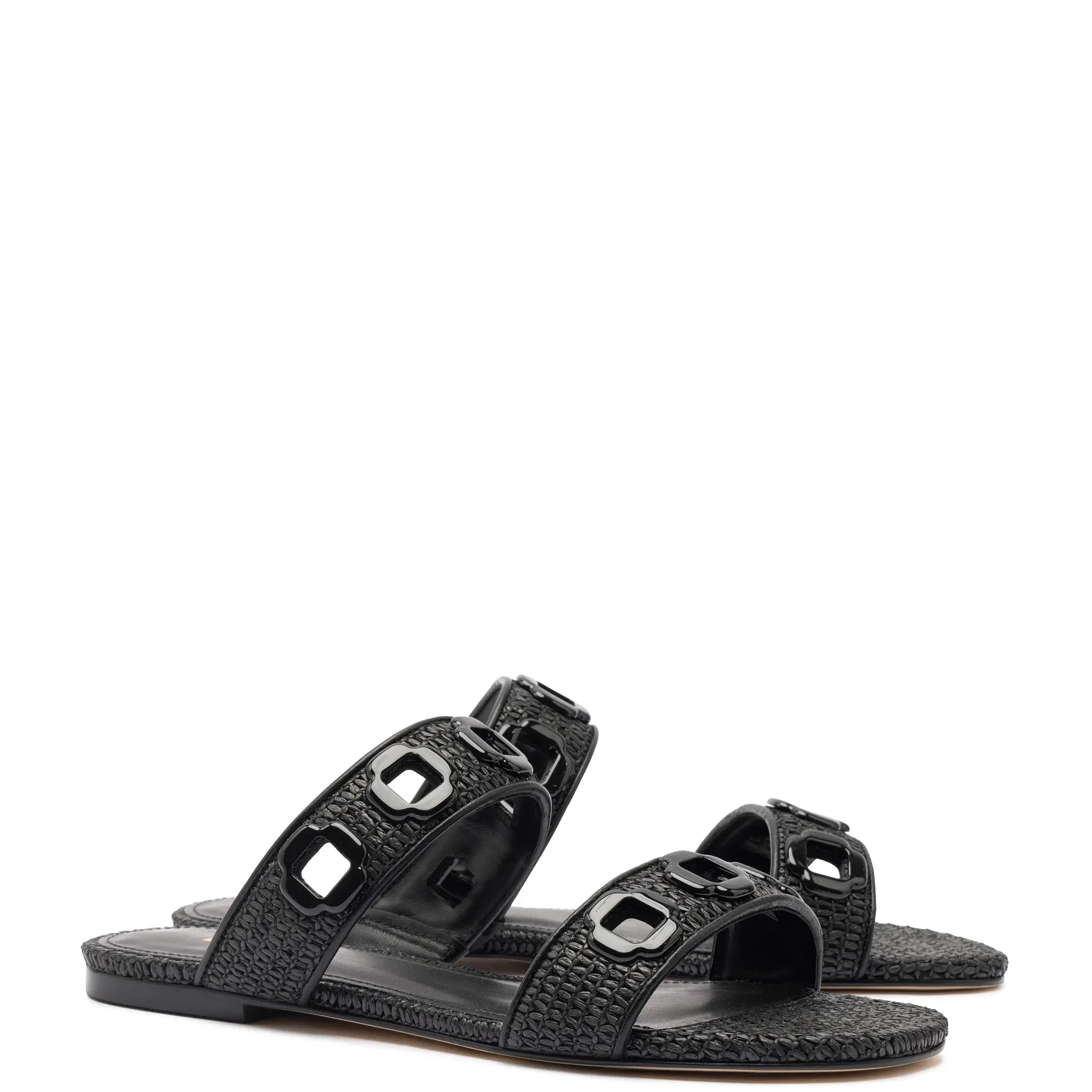 Larroude Milan Flat Mule In Black Wave Raffia