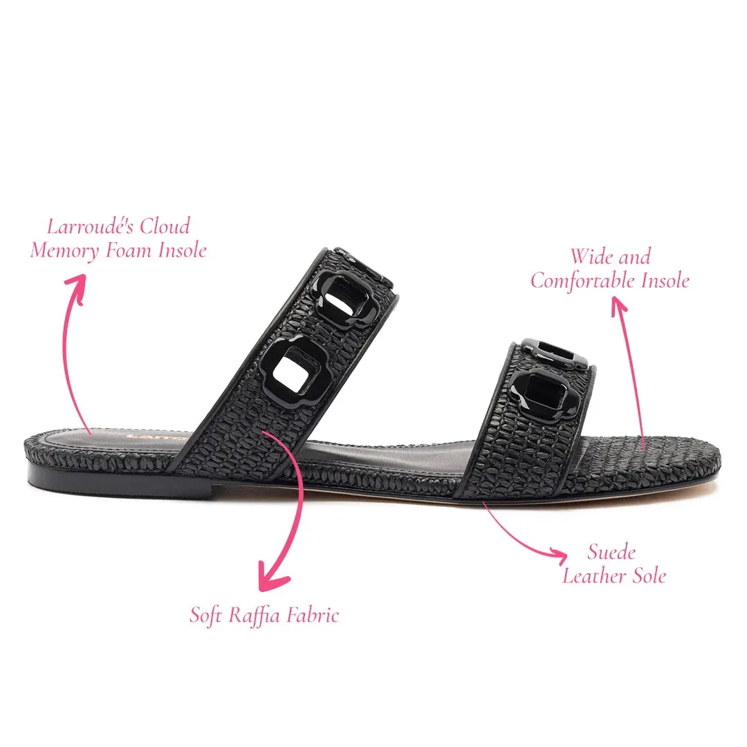 Larroude Milan Flat Mule In Black Wave Raffia