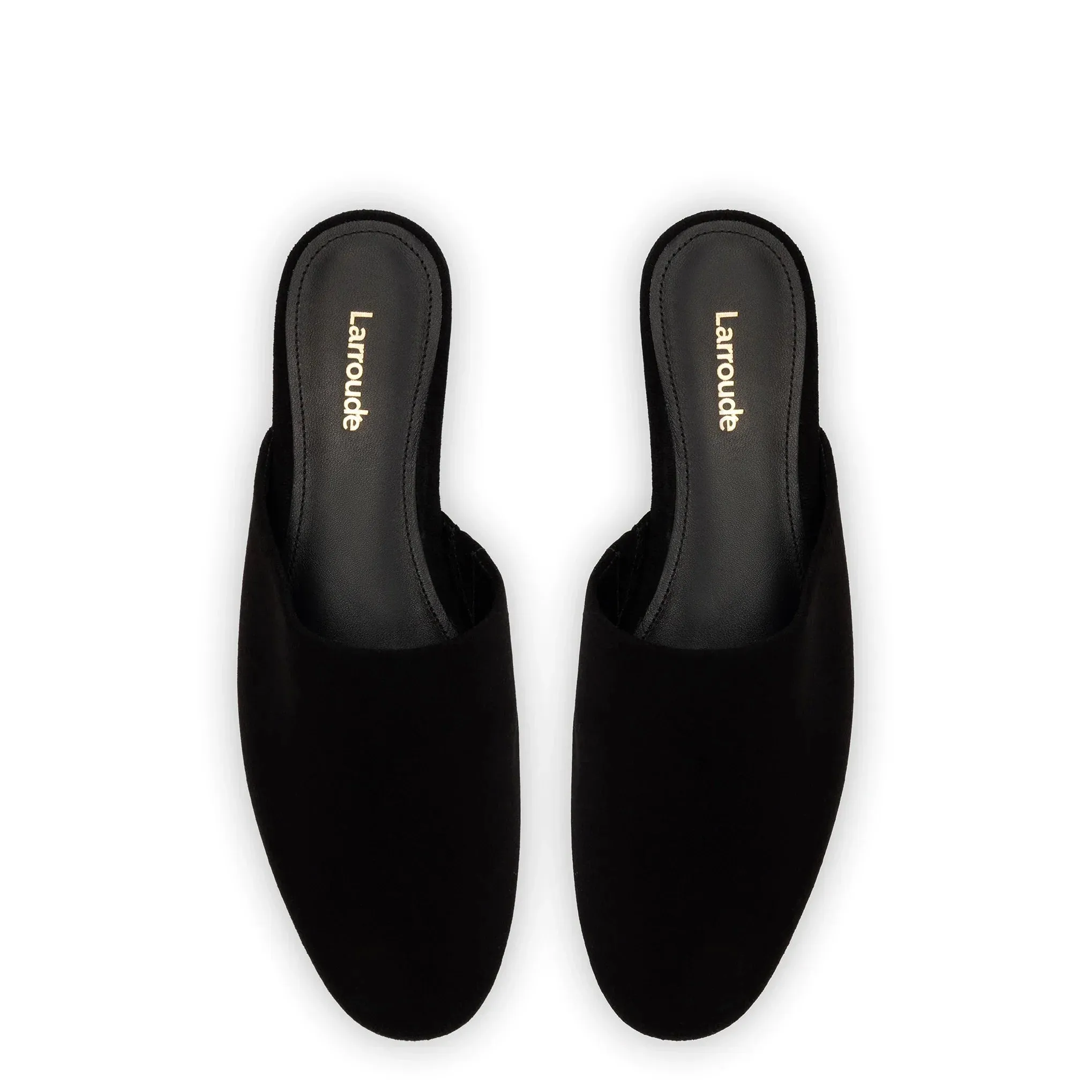 Larroude Venice Flat Mule and Pouch Kit In Black Suede