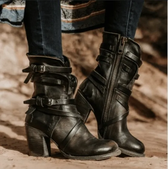 Leather Lace Up High Heel Calf Boots