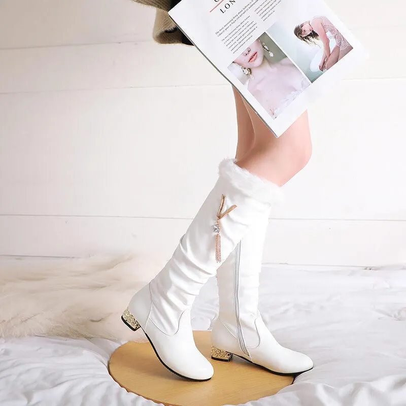 Leather Low Knee Heel Knee High Boots