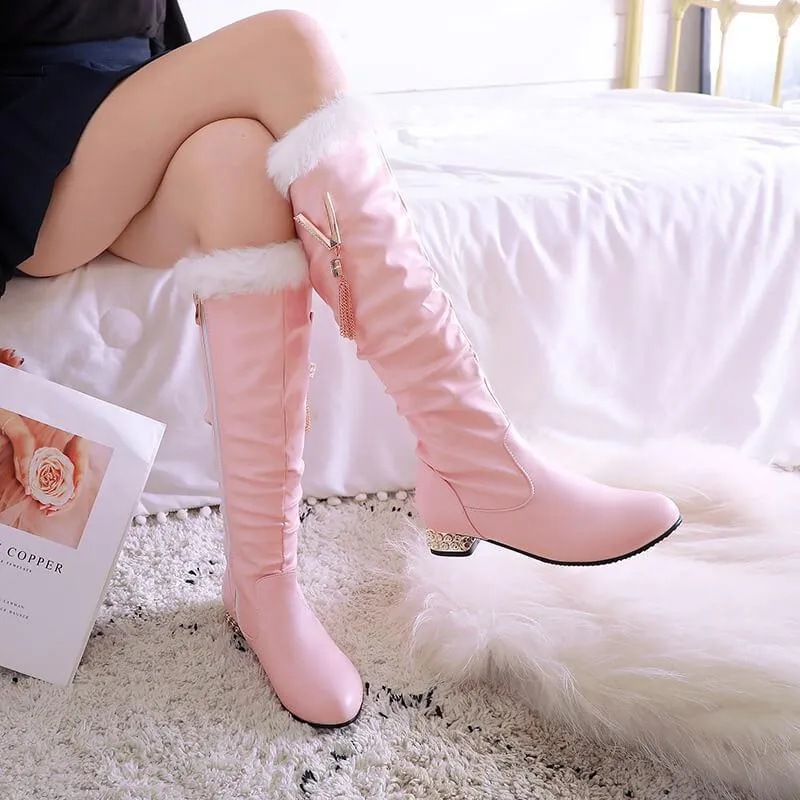 Leather Low Knee Heel Knee High Boots
