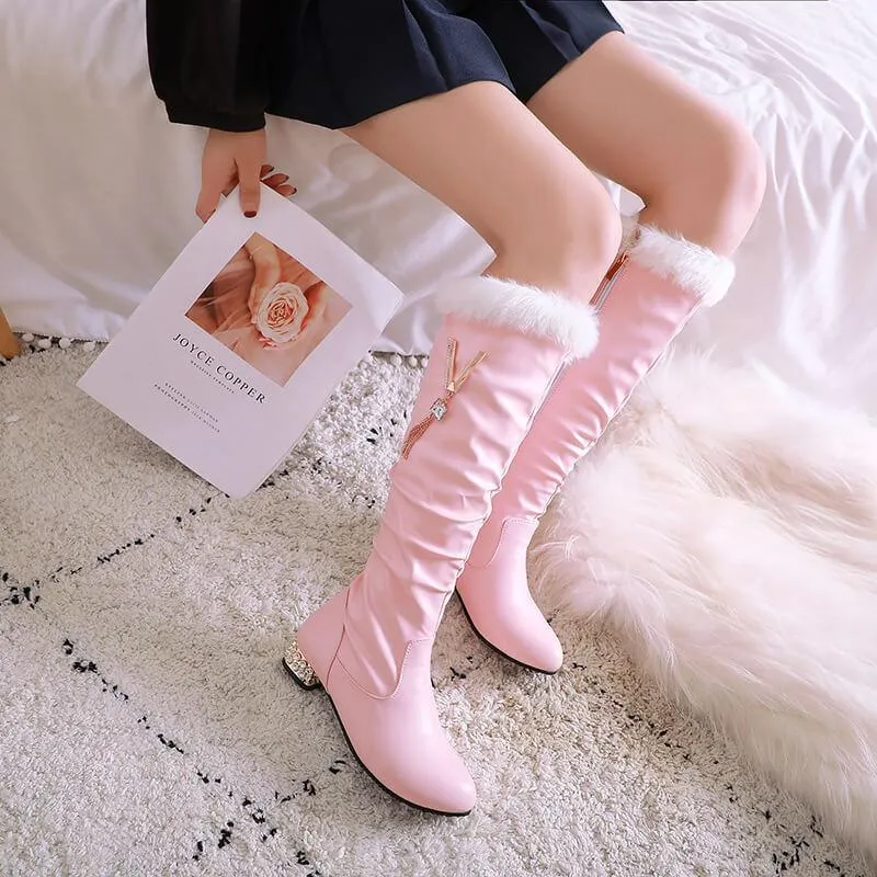 Leather Low Knee Heel Knee High Boots