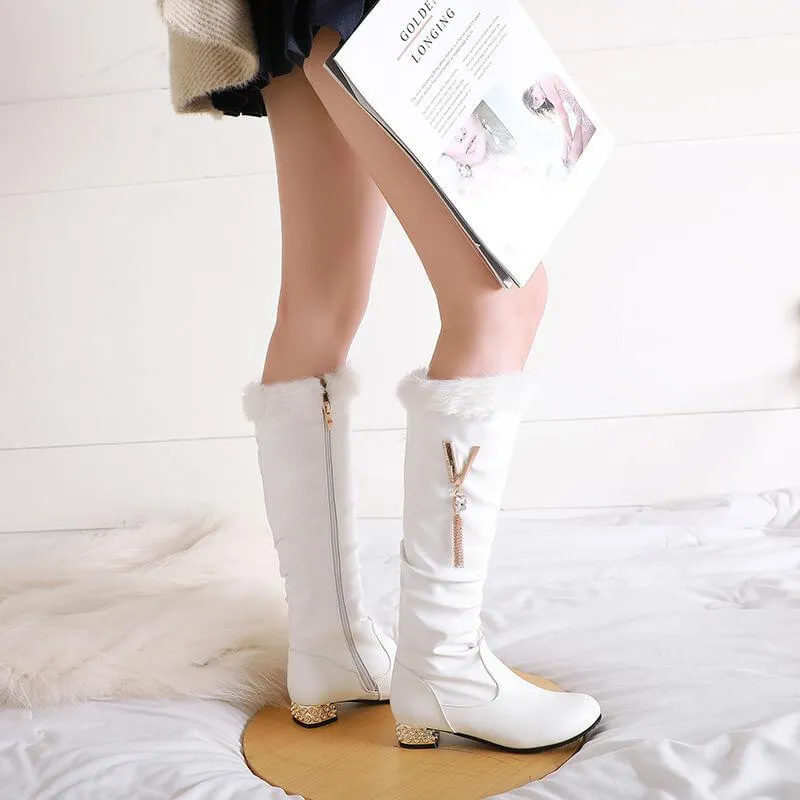 Leather Low Knee Heel Knee High Boots