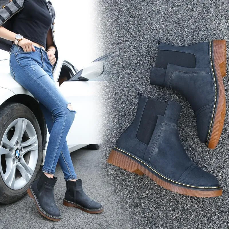 Leather Round Toe Low Heel Chelsea Boots