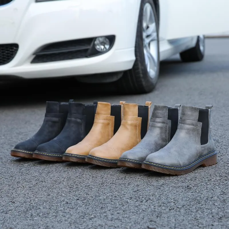 Leather Round Toe Low Heel Chelsea Boots