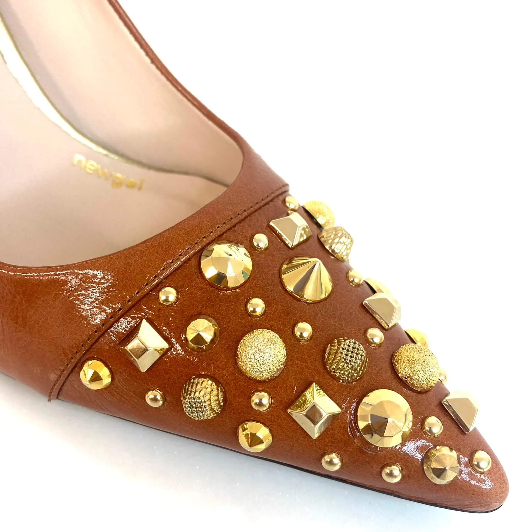 Lodi Sompo Tan Leather Studded Stilettos
