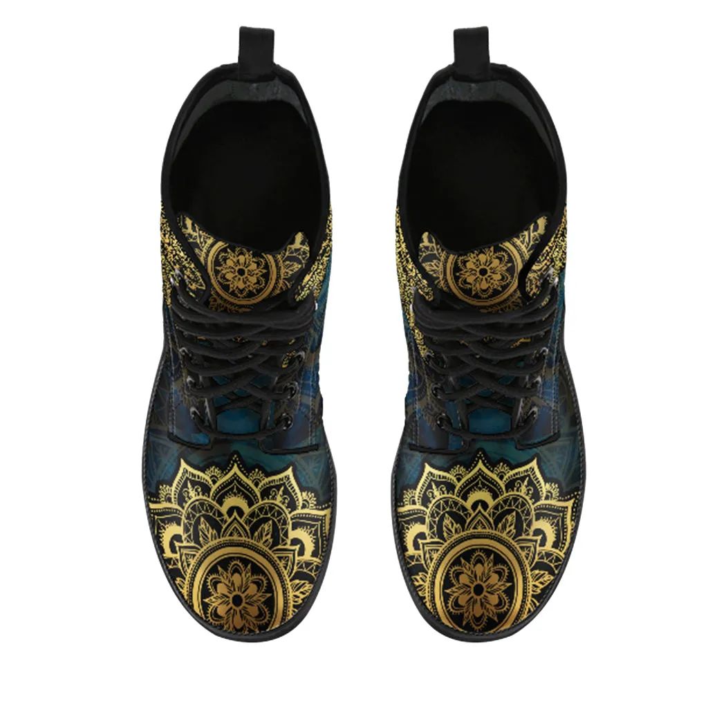 Mandala Dragonfly Gold Handcrafted Women's Vegan Leather Combat Boots
