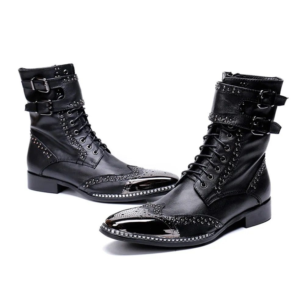 Mid Calf Men Boots Steel Toe Zip Monk Strap