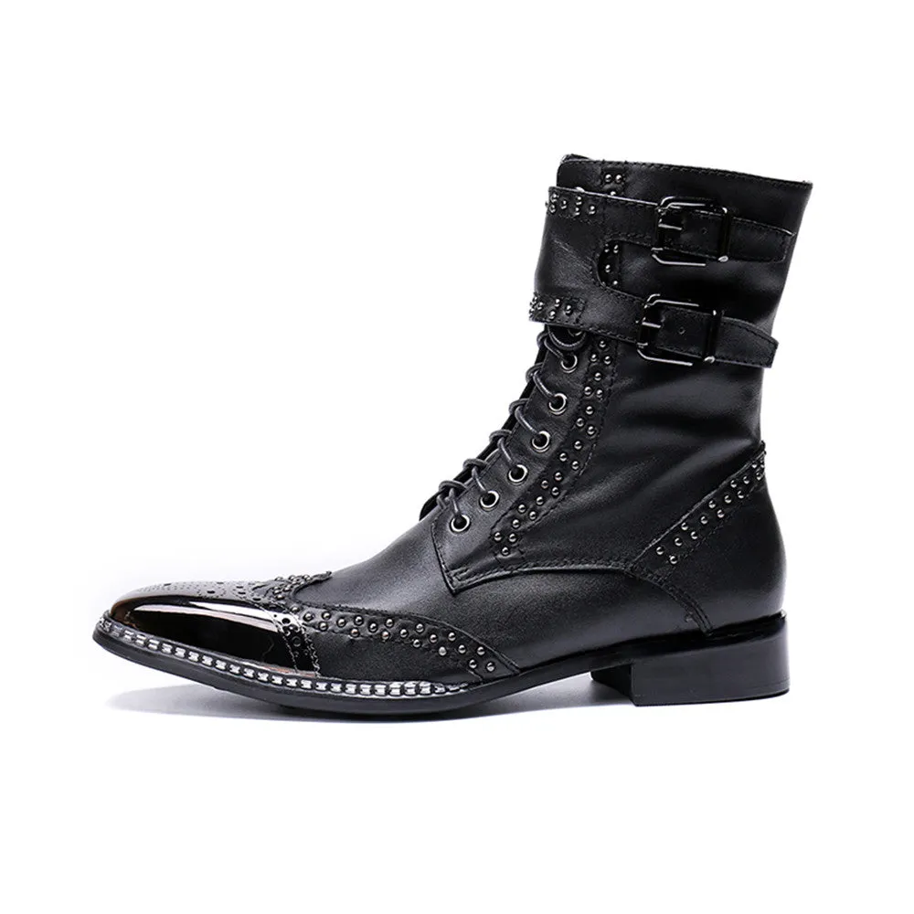 Mid Calf Men Boots Steel Toe Zip Monk Strap