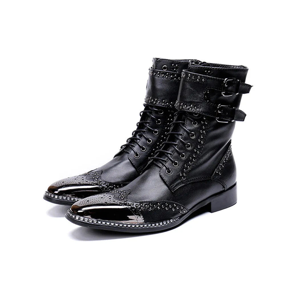 Mid Calf Men Boots Steel Toe Zip Monk Strap