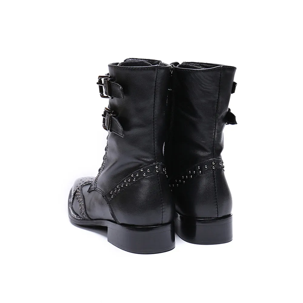 Mid Calf Men Boots Steel Toe Zip Monk Strap