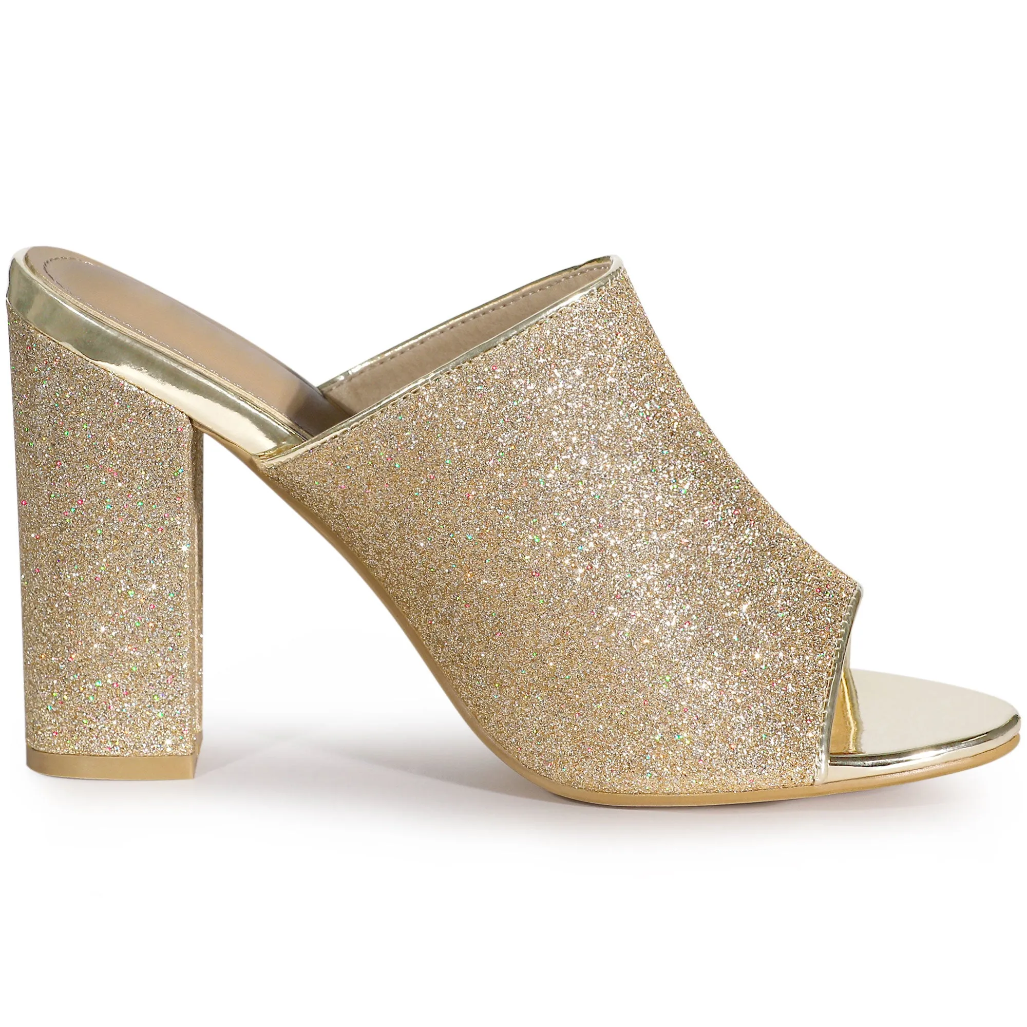 Perphy Glitter Chunky Heels Slip on Slide Mules Heel Sandals
