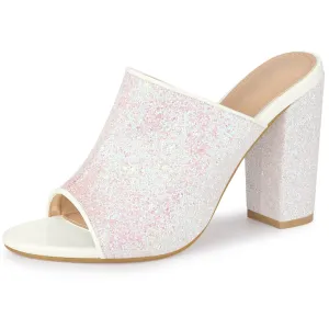 Perphy Glitter Chunky Heels Slip on Slide Mules Heel Sandals