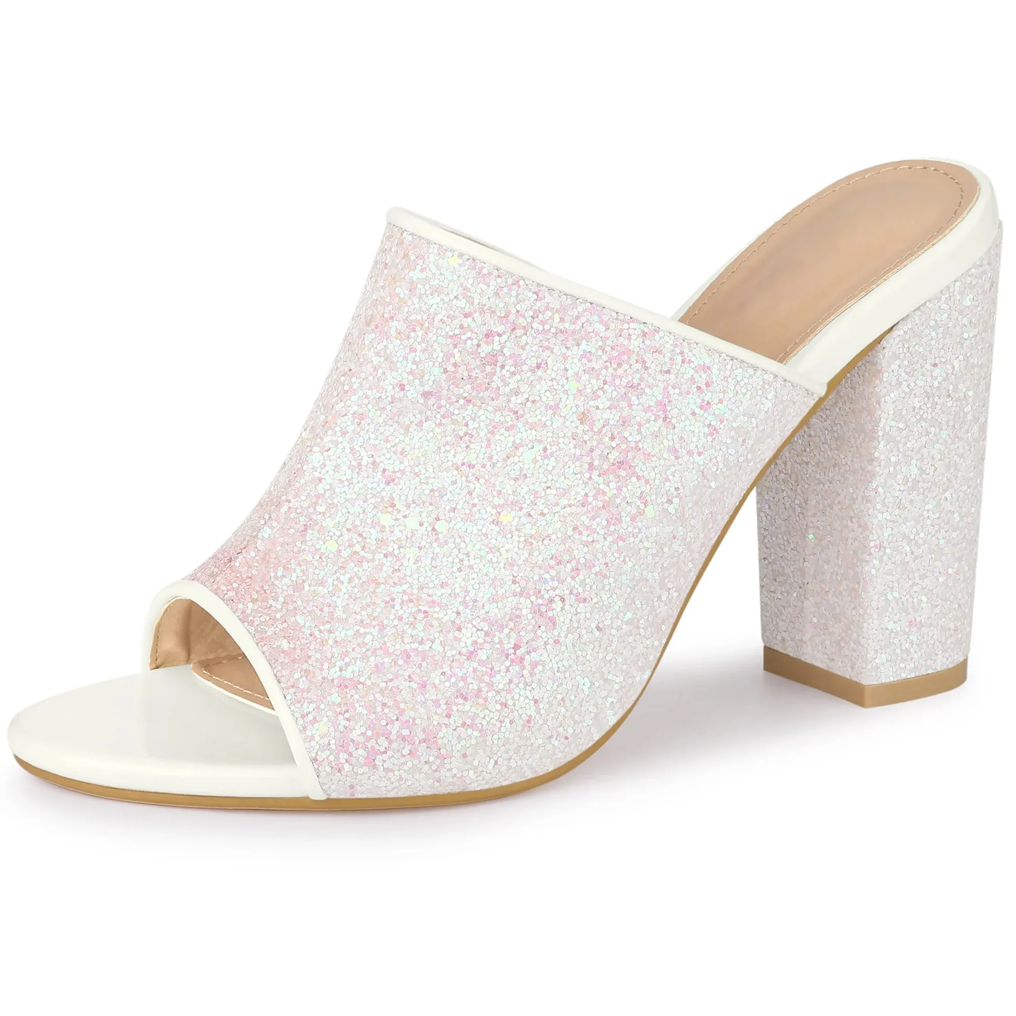 Perphy Glitter Chunky Heels Slip on Slide Mules Heel Sandals
