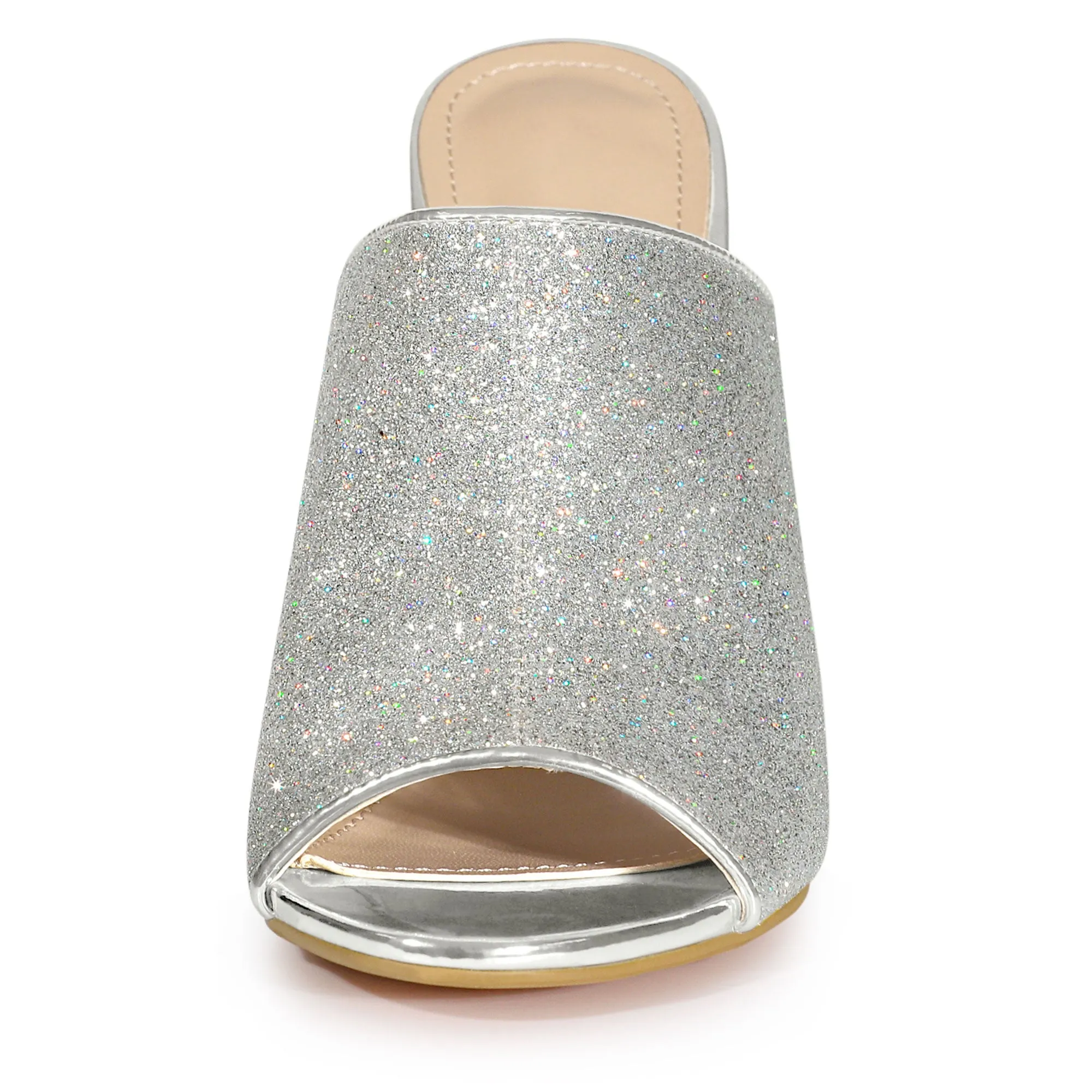 Perphy Glitter Chunky Heels Slip on Slide Mules Heel Sandals