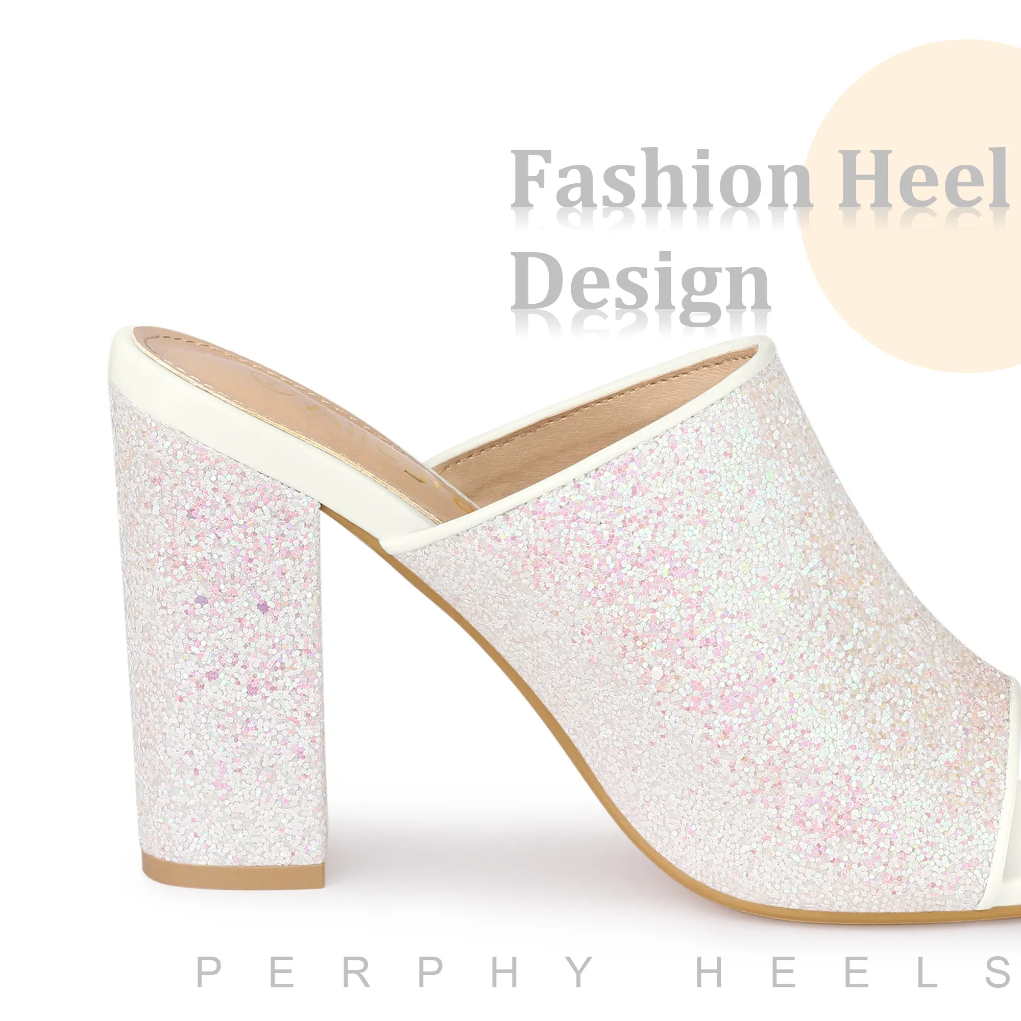 Perphy Glitter Chunky Heels Slip on Slide Mules Heel Sandals