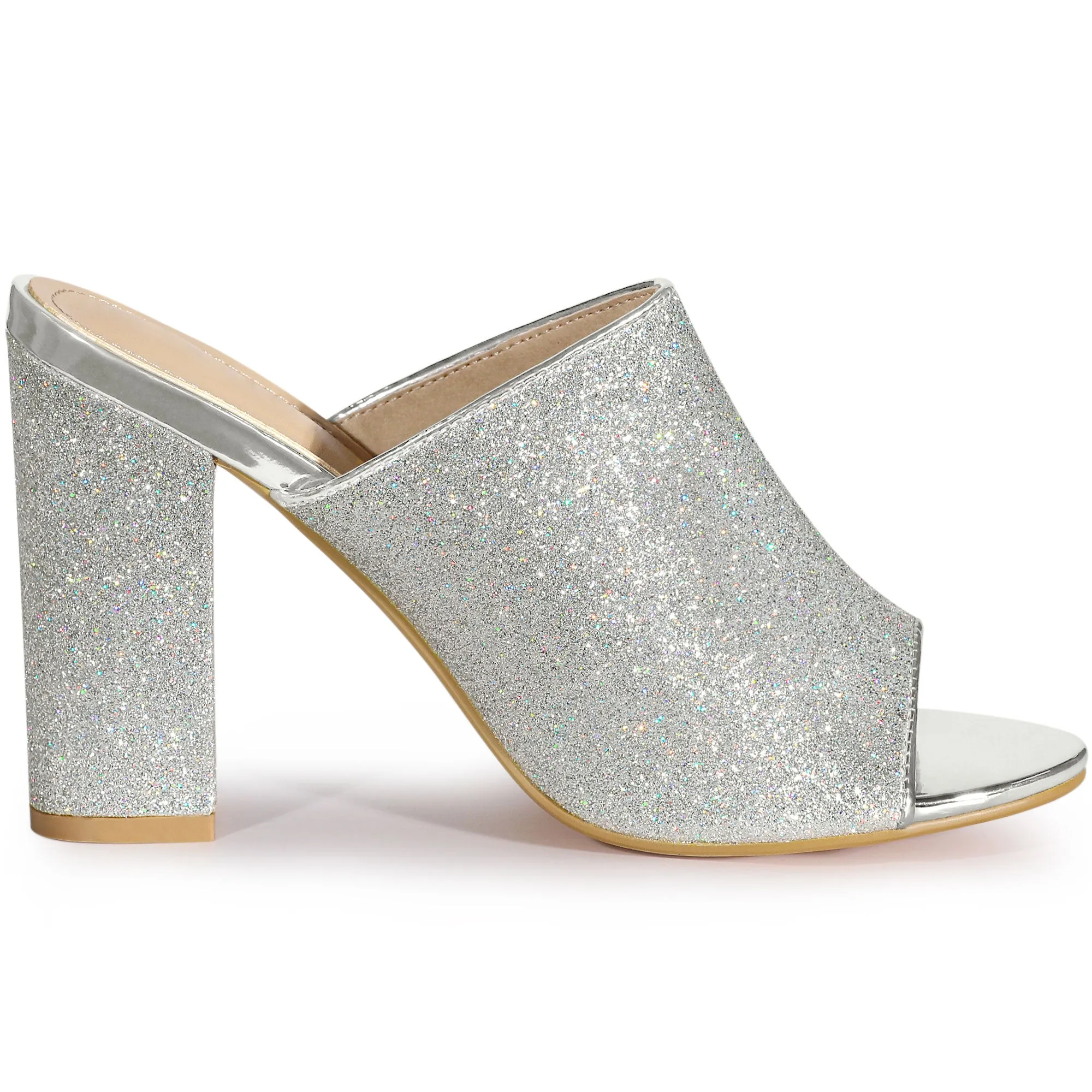 Perphy Glitter Chunky Heels Slip on Slide Mules Heel Sandals