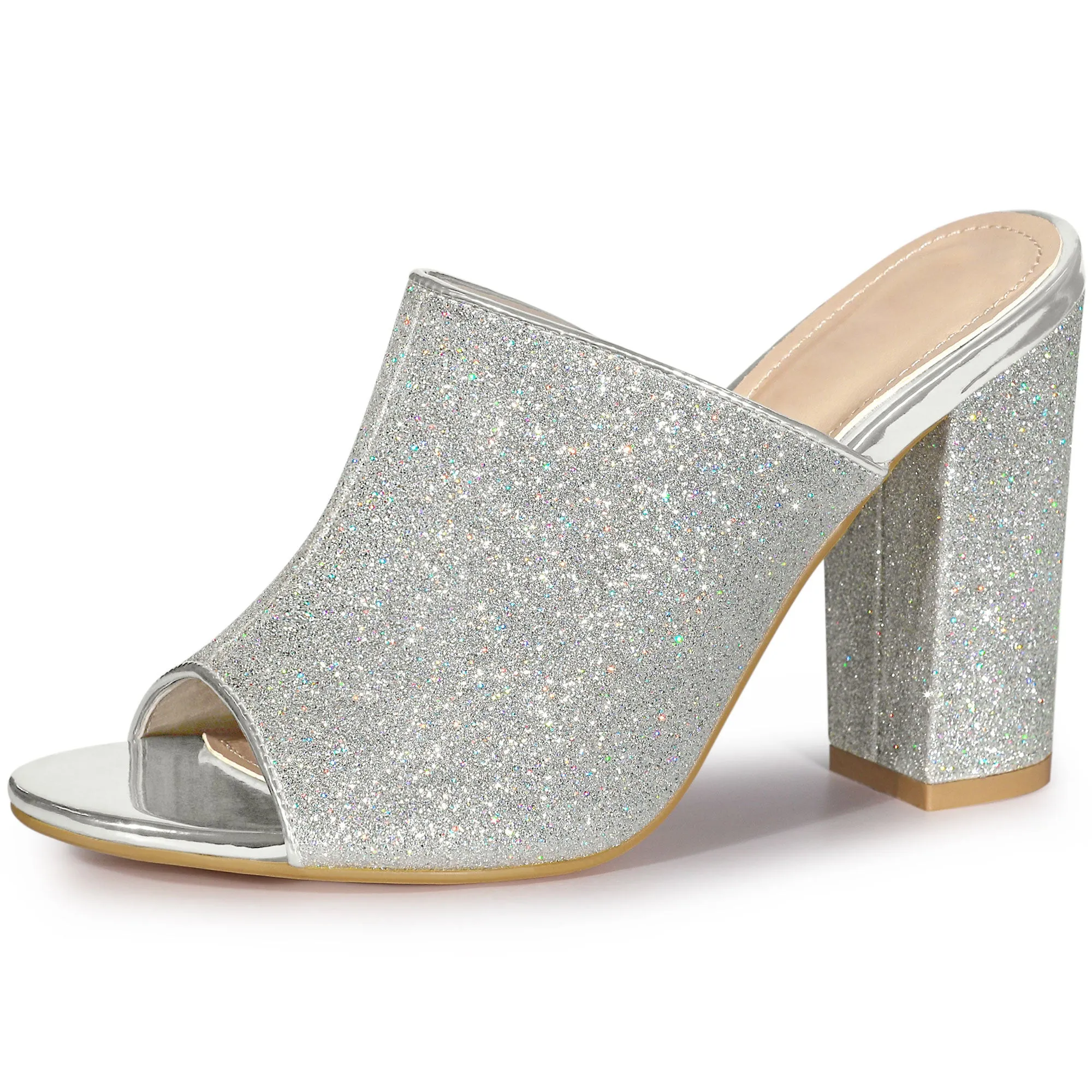 Perphy Glitter Chunky Heels Slip on Slide Mules Heel Sandals