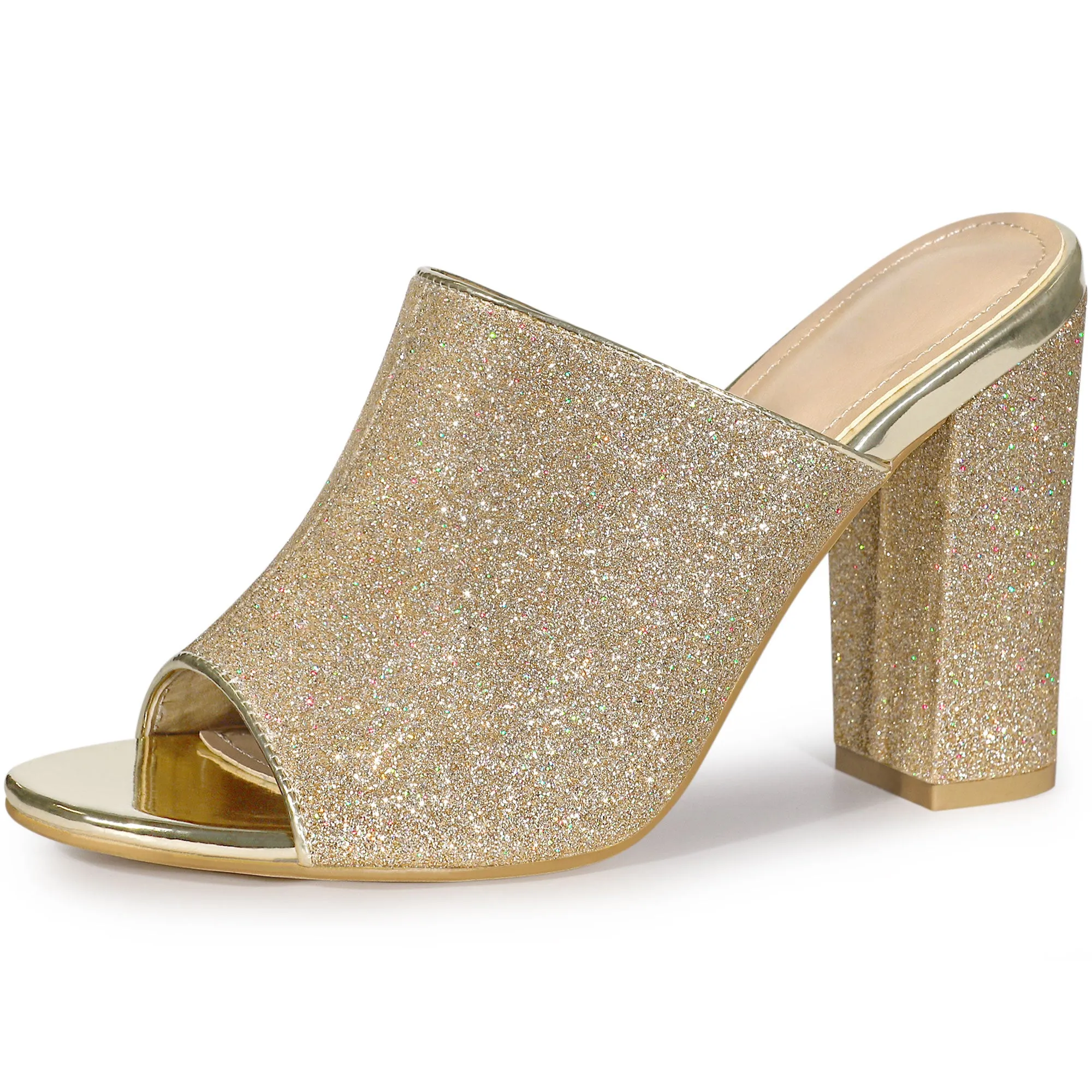 Perphy Glitter Chunky Heels Slip on Slide Mules Heel Sandals