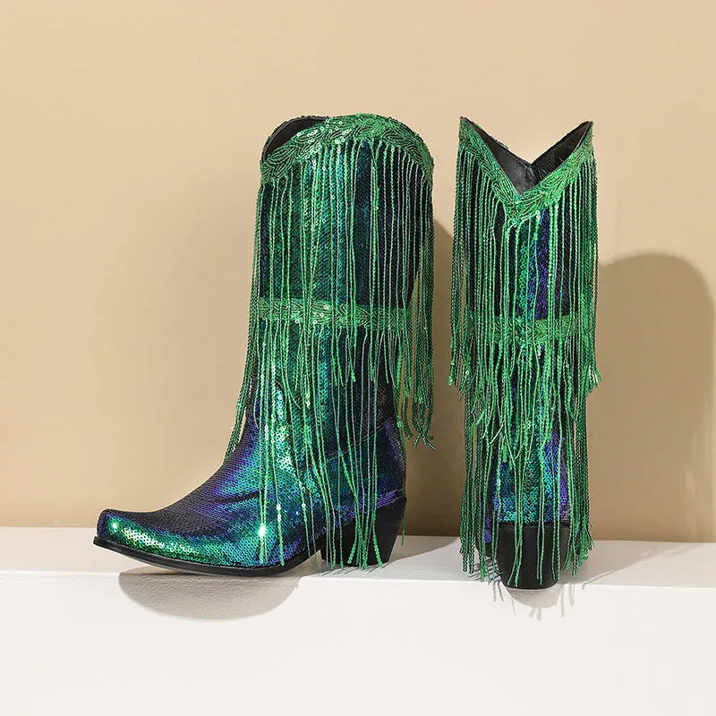 Pre Order:  Curved Toe Sequin Tassel Mid-Calf Cowboy Boots