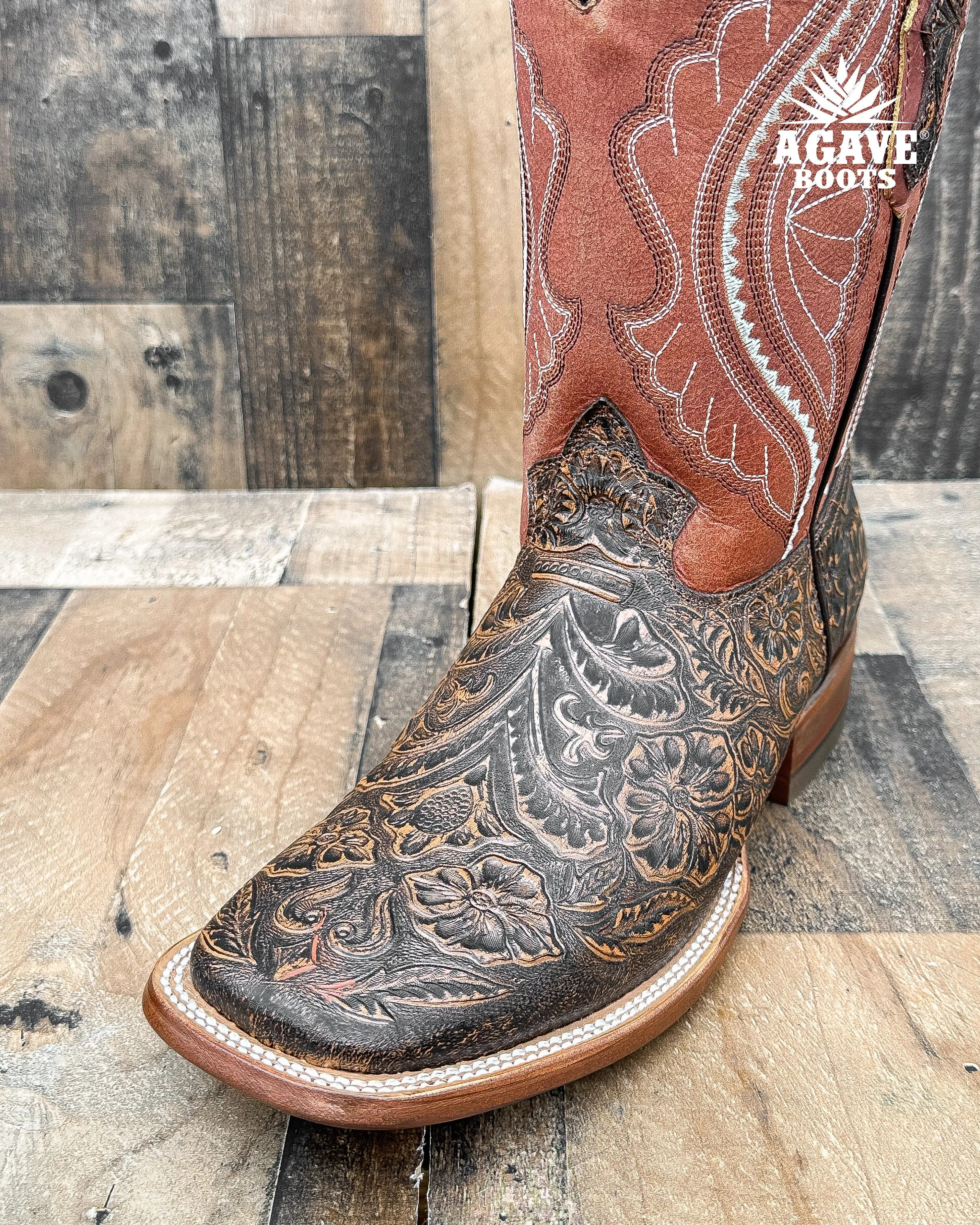 "COGNAC" TOOLED LEATHER | MEN SQUARE TOE WESTERN COWBOY BOOTS