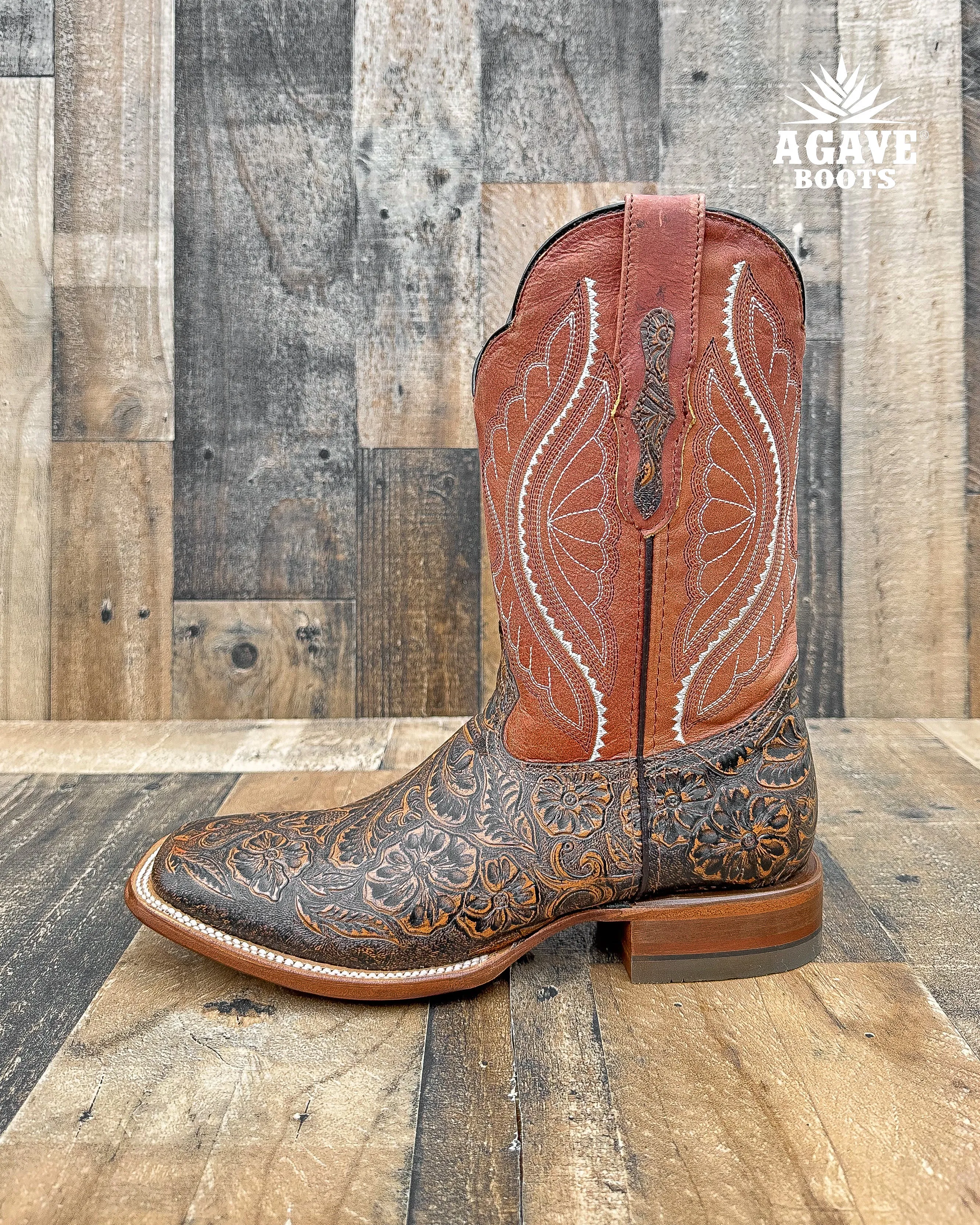 "COGNAC" TOOLED LEATHER | MEN SQUARE TOE WESTERN COWBOY BOOTS
