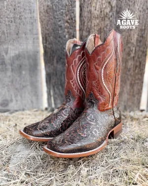 "COGNAC" TOOLED LEATHER | MEN SQUARE TOE WESTERN COWBOY BOOTS