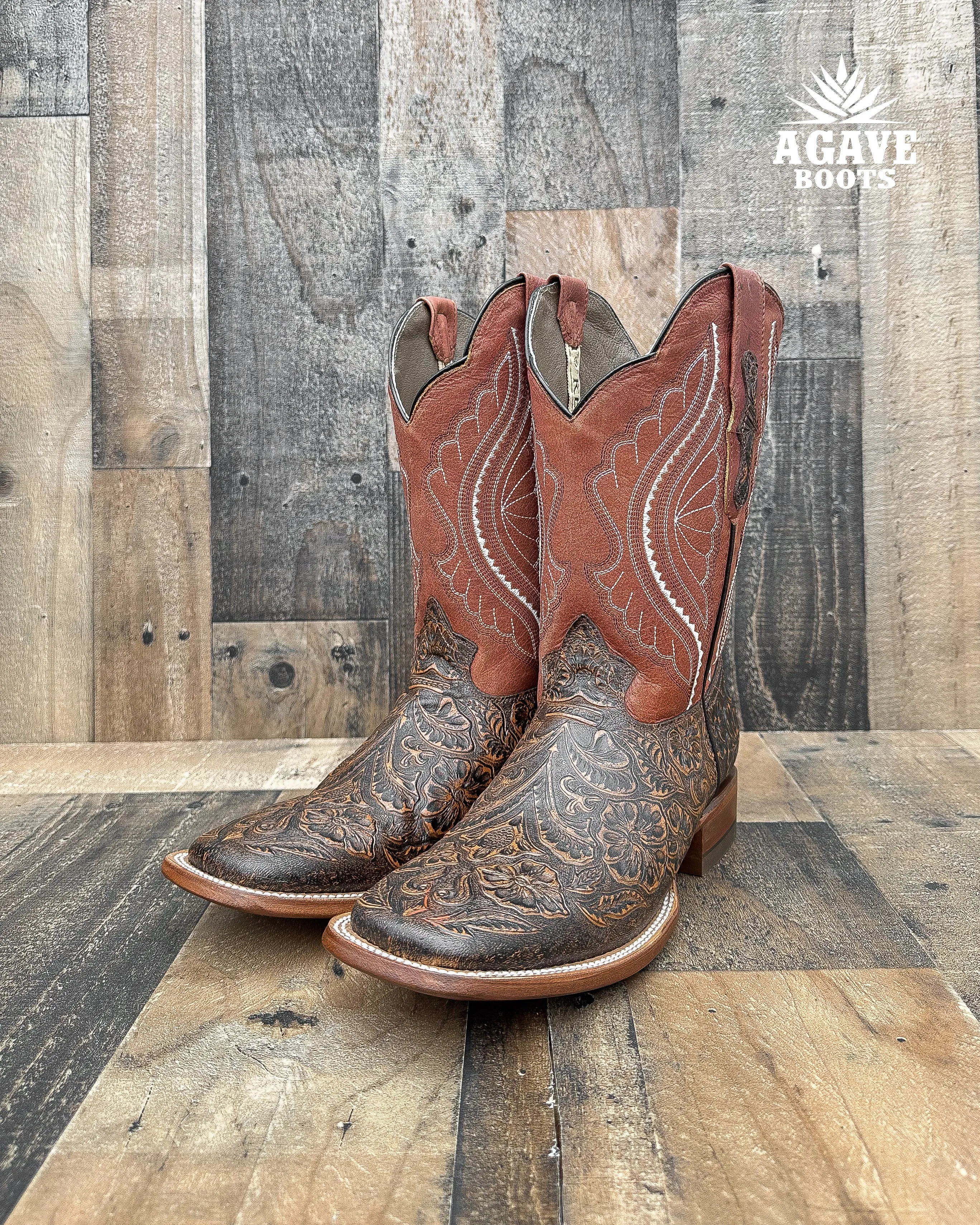 "COGNAC" TOOLED LEATHER | MEN SQUARE TOE WESTERN COWBOY BOOTS