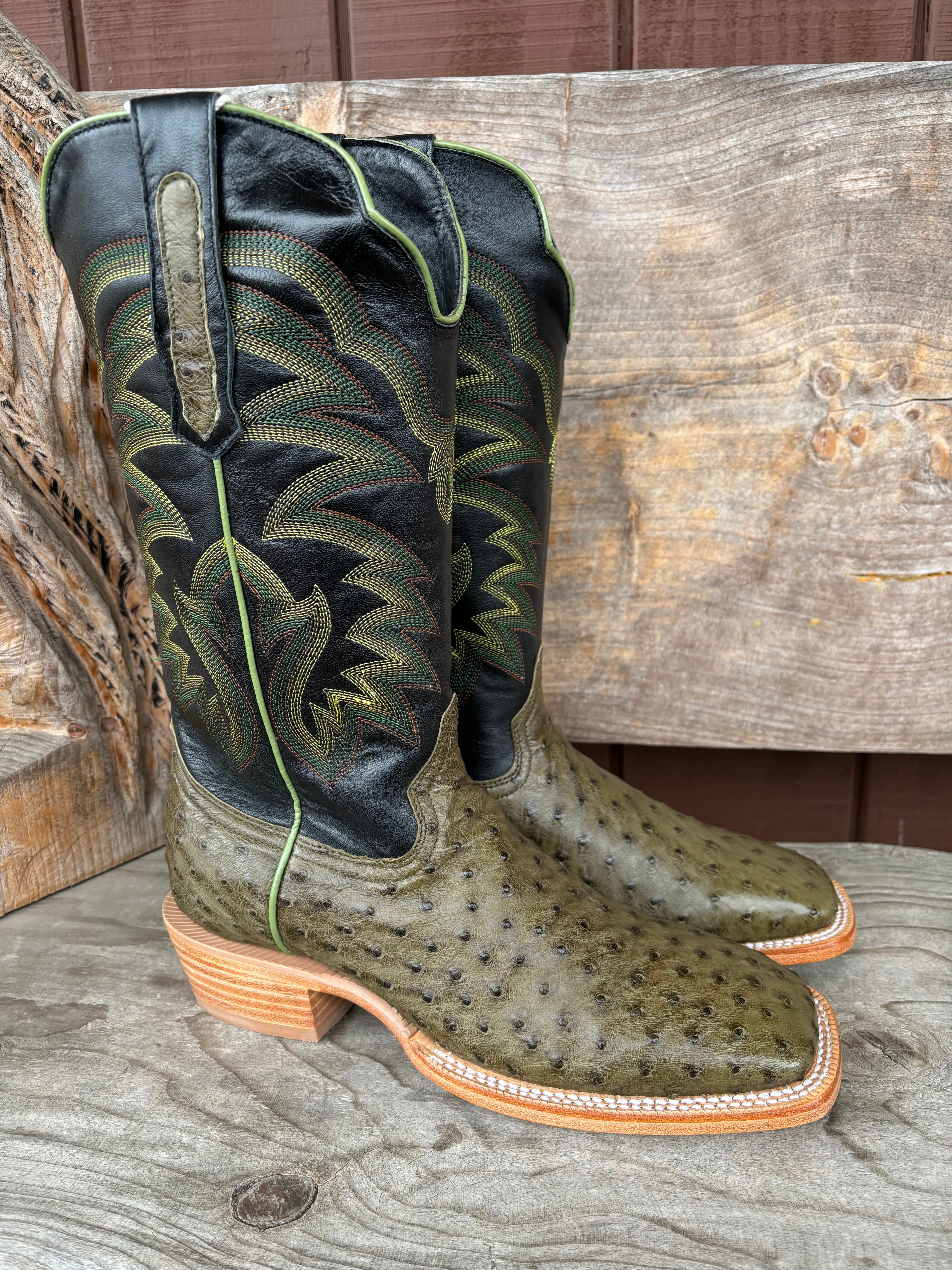 R. Watson Men's Forest Green Full Quill Ostrich Narrow Square Toe Men's Cowboy Boots RW4521-2