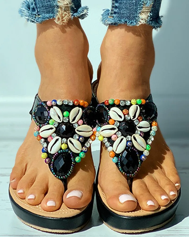 Rhinestone Shell Pattern Toe Post Wedge Sandals