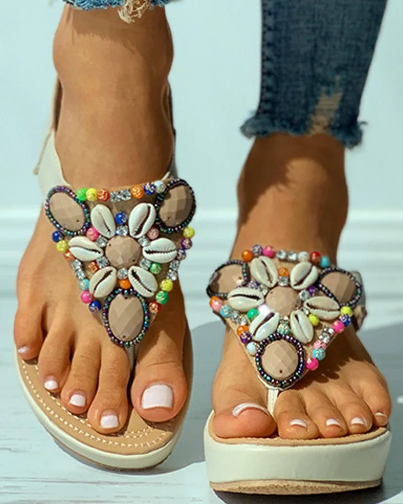 Rhinestone Shell Pattern Toe Post Wedge Sandals