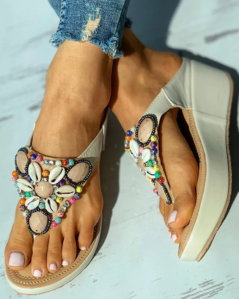 Rhinestone Shell Pattern Toe Post Wedge Sandals