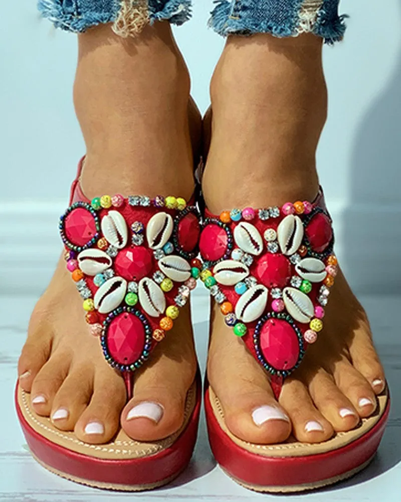 Rhinestone Shell Pattern Toe Post Wedge Sandals