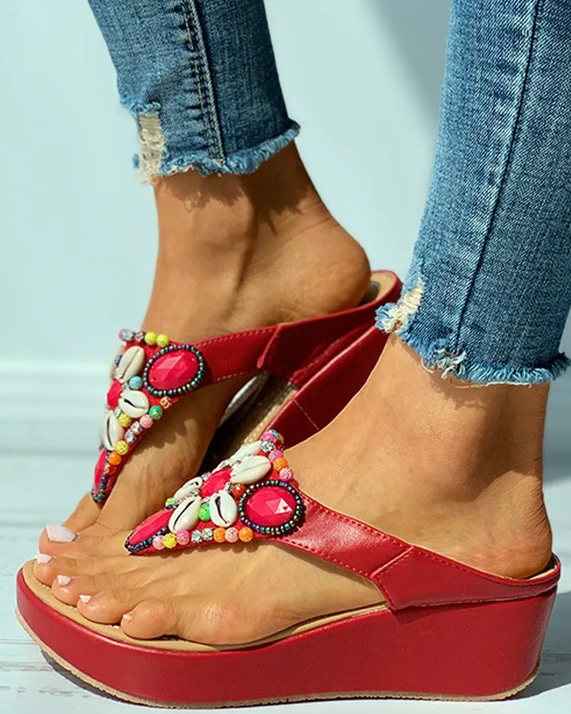 Rhinestone Shell Pattern Toe Post Wedge Sandals
