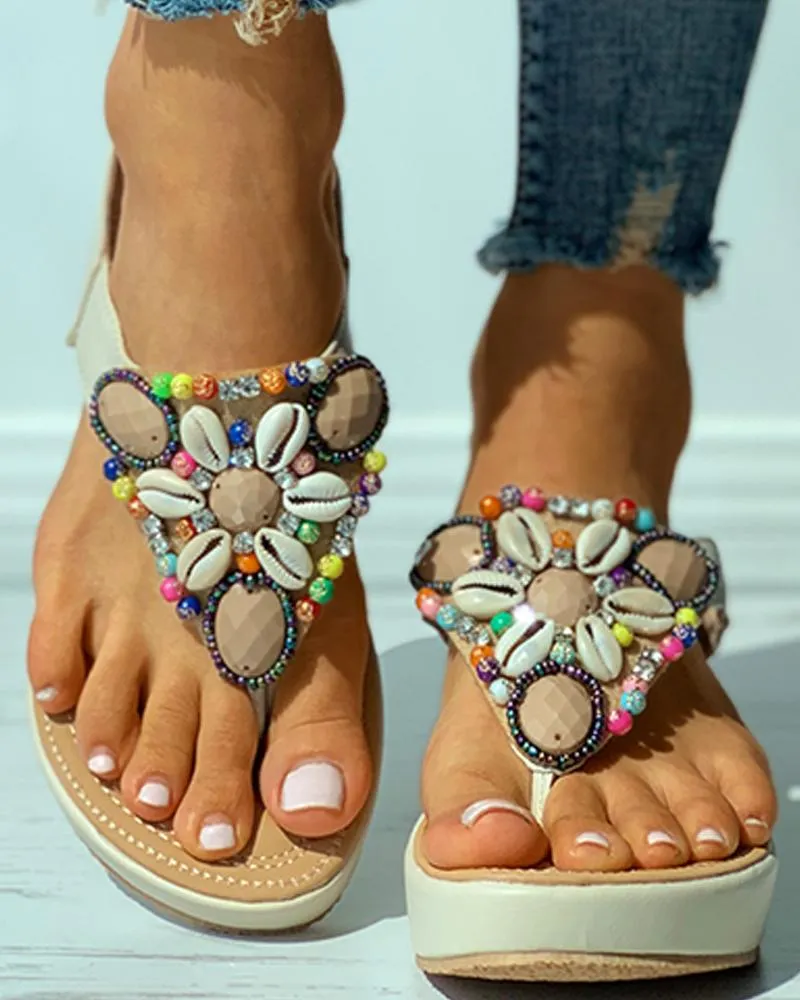 Rhinestone Shell Pattern Toe Post Wedge Sandals