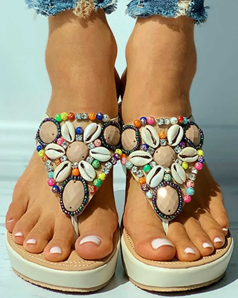 Rhinestone Shell Pattern Toe Post Wedge Sandals