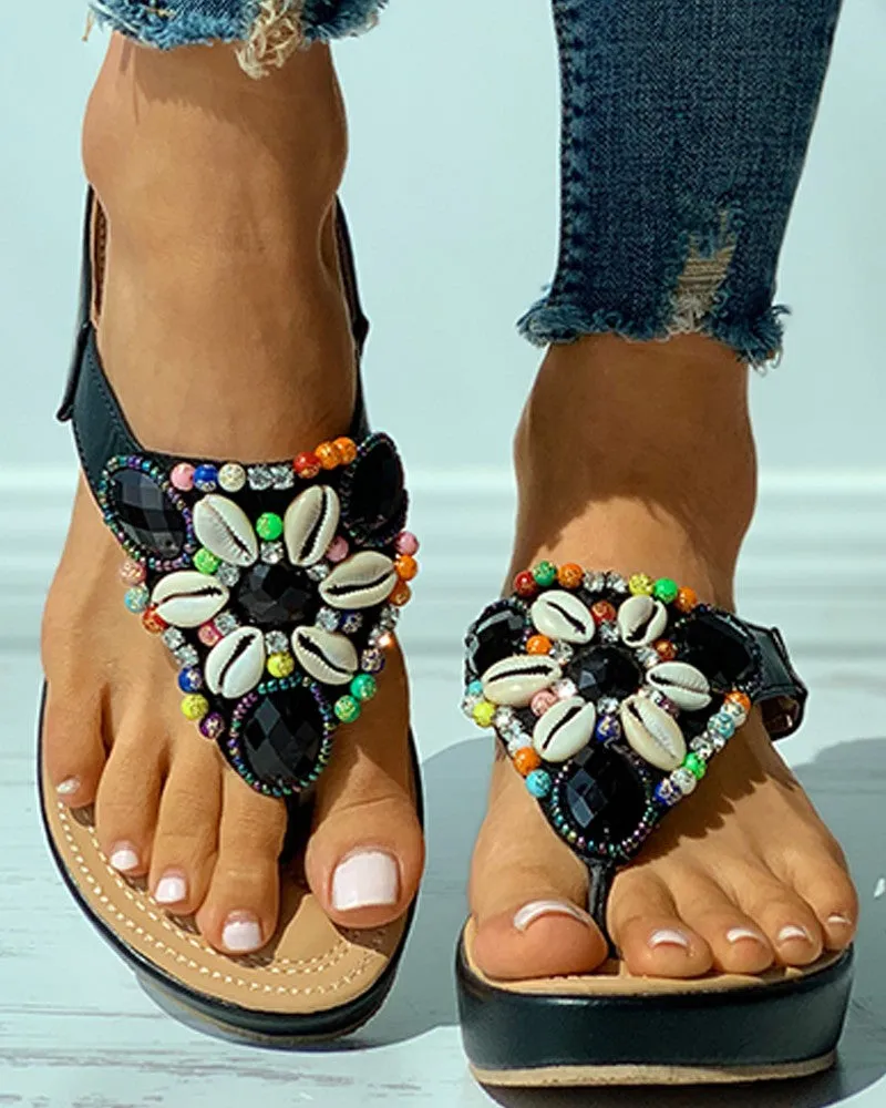 Rhinestone Shell Pattern Toe Post Wedge Sandals