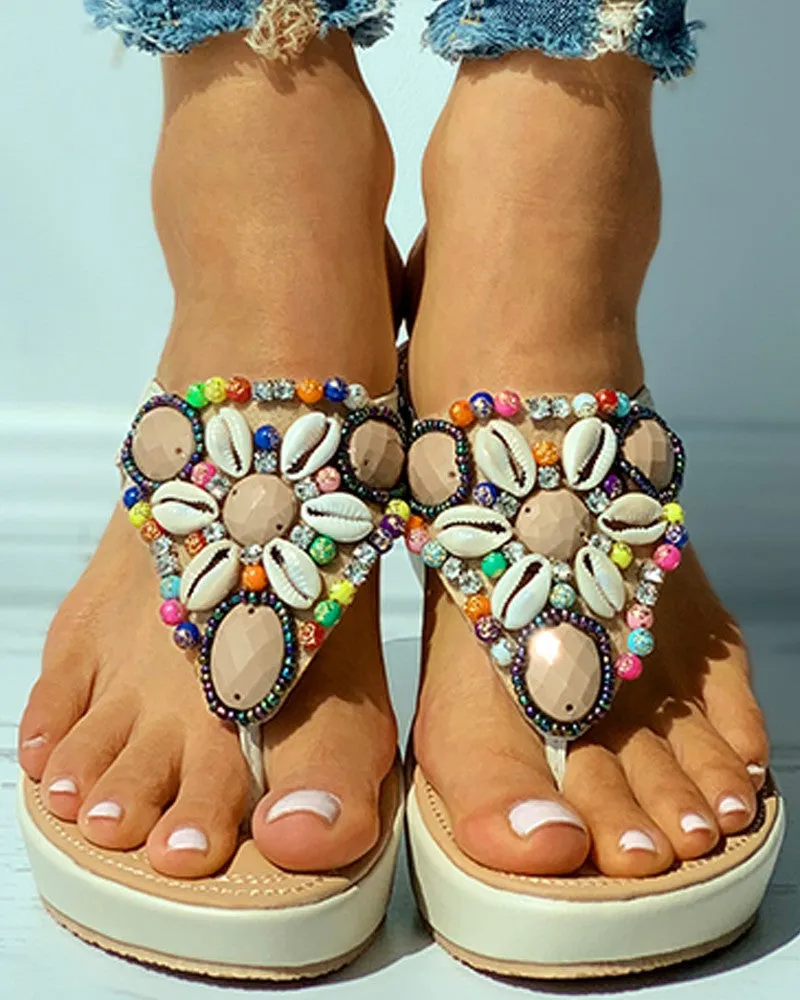 Rhinestone Shell Pattern Toe Post Wedge Sandals