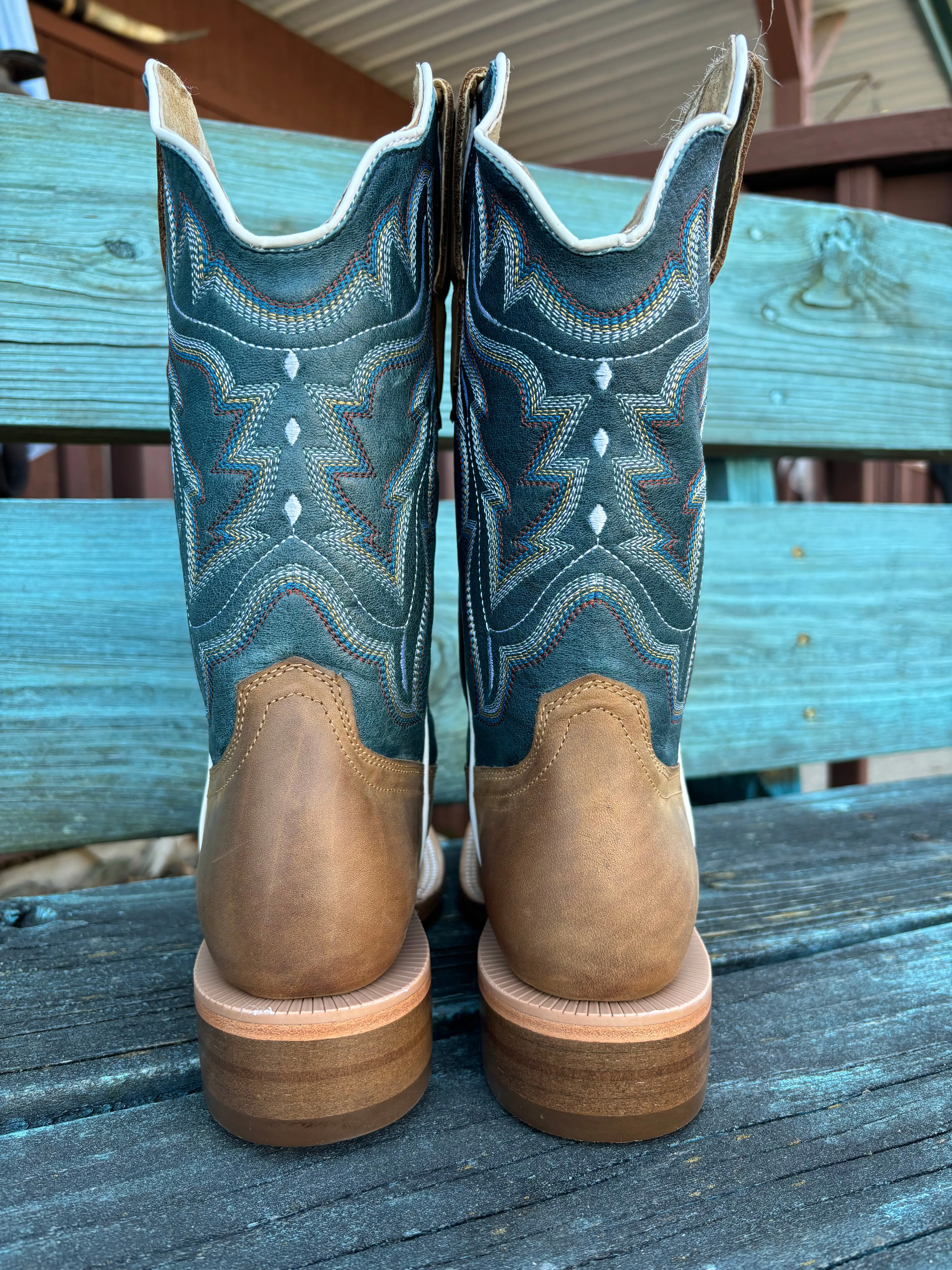 RW Ranch Women's Blue & Sundial Brown Wide Square Toe Cowgirl Boots WRL0009-2