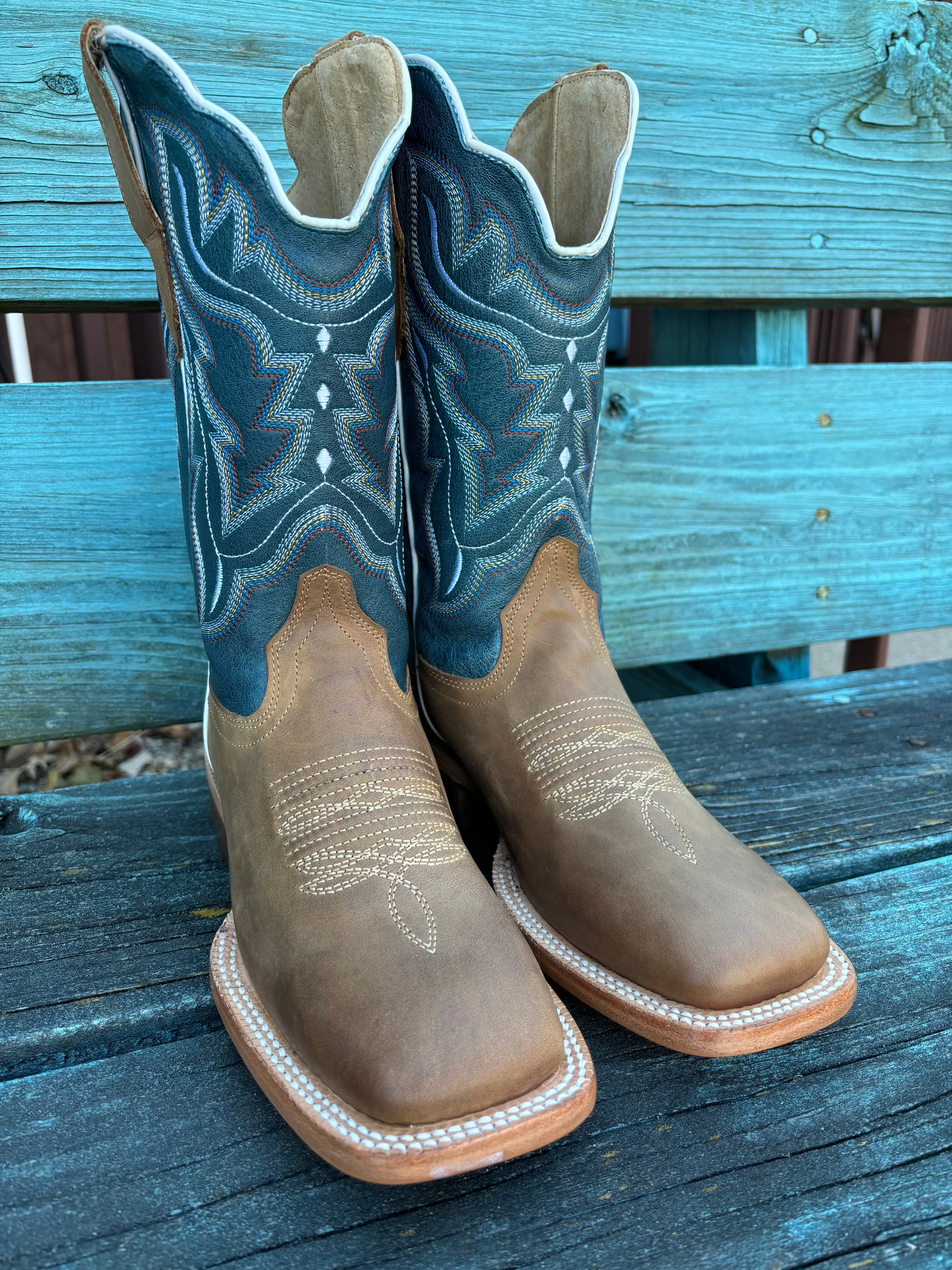 RW Ranch Women's Blue & Sundial Brown Wide Square Toe Cowgirl Boots WRL0009-2