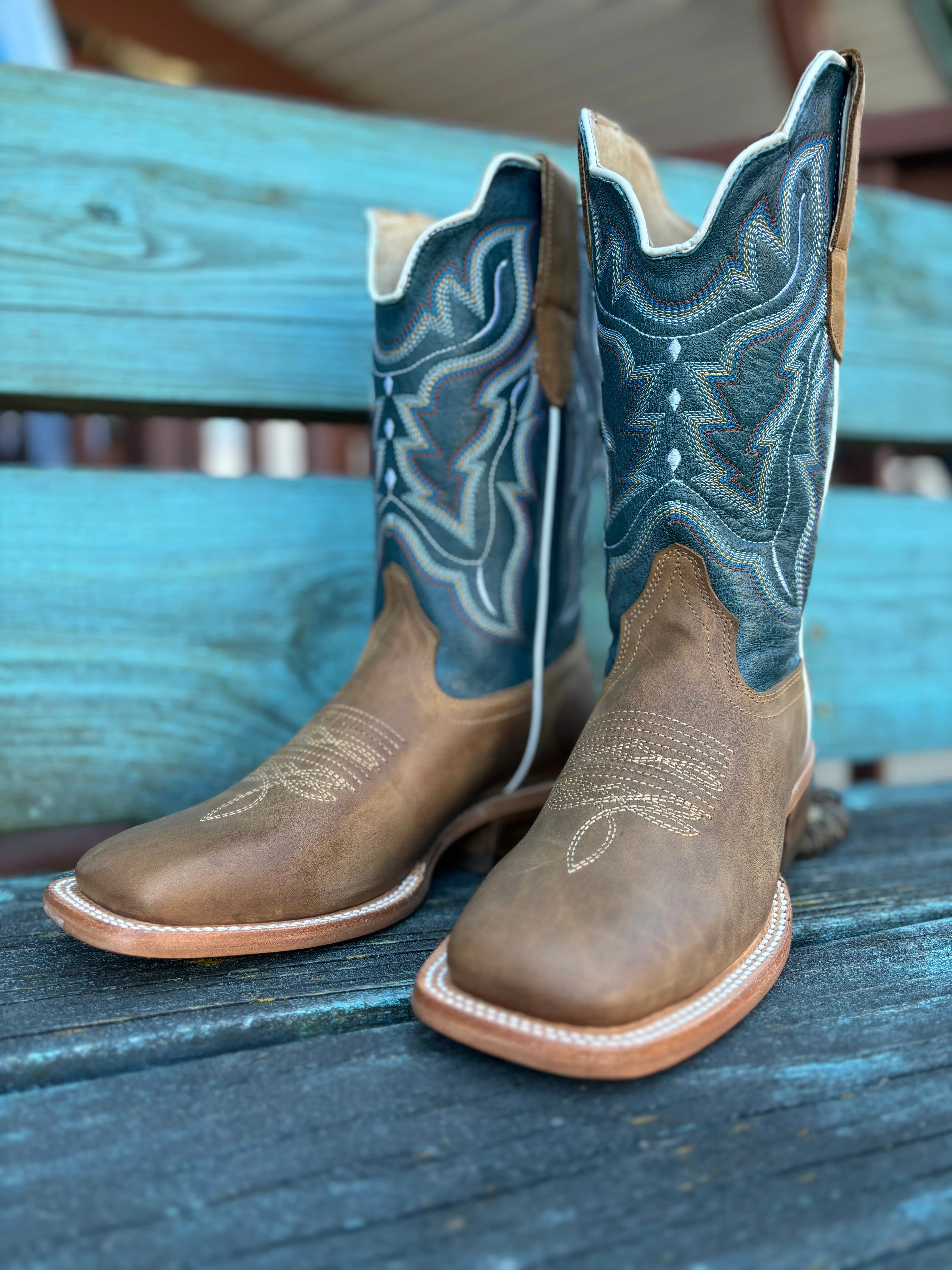 RW Ranch Women's Blue & Sundial Brown Wide Square Toe Cowgirl Boots WRL0009-2
